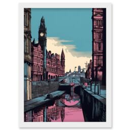 Artery8 Leeds Canal Cityscape Pink & Teal Illustration Artwork Framed Wall Art Print A4 in White - thumbnail 1