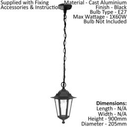 Loops IP44 Outdoor Pendant Light Black Aluminium Lantern & Chain 1 x 60W E27 Bulb - thumbnail 2