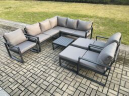 Fimous 10 Seater Outdoor Aluminium Garden Furniture Set Corner Lounge Sofa Set with Square Coffee Table Chair 2 Big Footstools Dark Grey - thumbnail 1