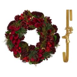 Dibor 30cm Cluster Berries Christmas Wreath with Deer Wreath Hanger in Red