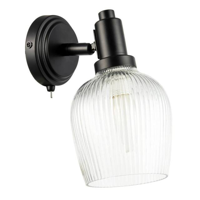 Happy Homewares Classy Matte Black Switched Wall Light with Clear Ribbed Glass Shade - image 1