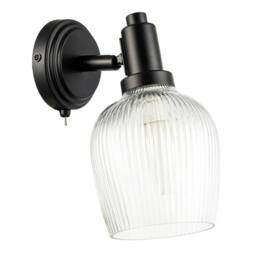 Happy Homewares Classy Matte Black Switched Wall Light with Clear Ribbed Glass Shade - thumbnail 1