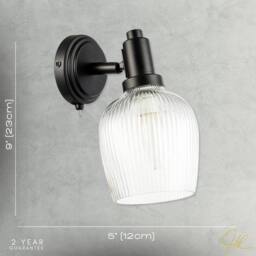 Happy Homewares Classy Matte Black Switched Wall Light with Clear Ribbed Glass Shade - thumbnail 7