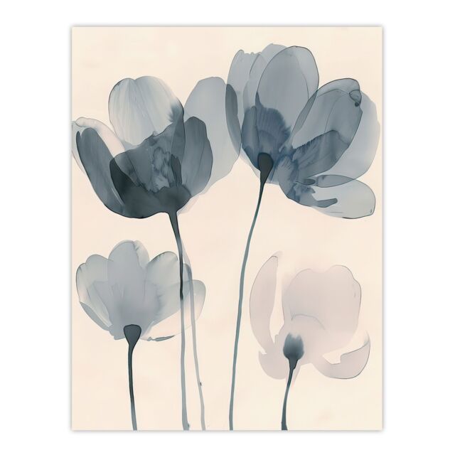 "Artery8 Soft Black White Light Watercolour Poppy Flowers Wall Art Print in Blue - Size: W18"" x H24""" - image 1