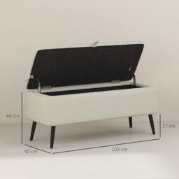 HOMCOM Storage Ottoman Bench, Linen Fabric Footstool with Steel Legs Cream White - thumbnail 3