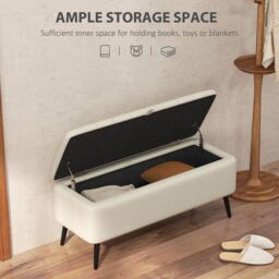 HOMCOM Storage Ottoman Bench, Linen Fabric Footstool with Steel Legs Cream White - thumbnail 4