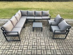 Fimous Outdoor Garden Furniture Patio Lounge Corner Sofa Aluminium Set with Square Coffee Table 2 Pcs Arm Chairs Dark Grey - thumbnail 2