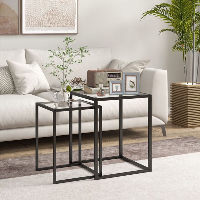 HOMCOM Nesting Tables Set of 2, End Table with Tempered Glass Top, Black - image 1
