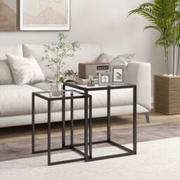 HOMCOM Nesting Tables Set of 2, End Table with Tempered Glass Top, Black - thumbnail 1