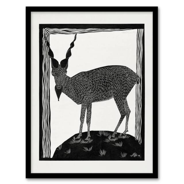 Artery8 Samuel J De Mesquita Framed Wall Art Print Stylised Markhor Goat in White - Size: A4 - image 1