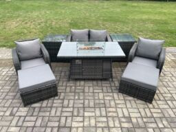 Fimous Patio Outdoor Rattan Garden Furniture Set Propane Gas Fire Pit Table Burner with Love seat Sofa 2 Big Footstool in Dark Grey - thumbnail 1