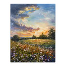 "Artery8 Wildflower Meadow Landscape Oil Painting Spring Wall Art Print in Green - Size: W12"" x H16""" - thumbnail 1