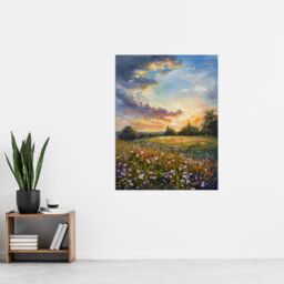 "Artery8 Wildflower Meadow Landscape Oil Painting Spring Wall Art Print in Green - Size: W12"" x H16""" - thumbnail 4