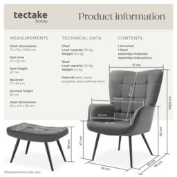 tectake Armchair Hygge With Stool - Fine Cord Anthracite/Black in Dark Grey - thumbnail 6