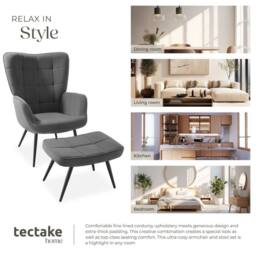 tectake Armchair Hygge With Stool - Fine Cord Anthracite/Black in Dark Grey - thumbnail 8