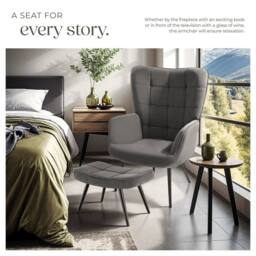tectake Armchair Hygge With Stool - Fine Cord Anthracite/Black in Dark Grey - thumbnail 3