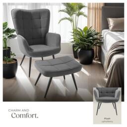 tectake Armchair Hygge With Stool - Fine Cord Anthracite/Black in Dark Grey - thumbnail 4