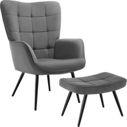 tectake Armchair Hygge With Stool - Fine Cord Anthracite/Black in Dark Grey - thumbnail 1