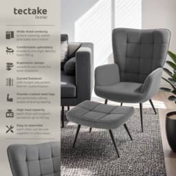 tectake Armchair Hygge With Stool - Fine Cord Anthracite/Black in Dark Grey - thumbnail 2