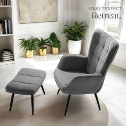 tectake Armchair Hygge With Stool - Fine Cord Anthracite/Black in Dark Grey - thumbnail 9