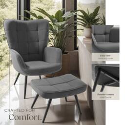 tectake Armchair Hygge With Stool - Fine Cord Anthracite/Black in Dark Grey - thumbnail 7