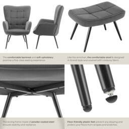 tectake Armchair Hygge With Stool - Fine Cord Anthracite/Black in Dark Grey - thumbnail 5