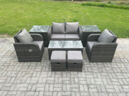 Fimous Outdoor Lounge Sofa Set Wicker PE Rattan Garden Furniture Set with Reclining Chair Coffee Table 2 Side Tables in Dark Grey - thumbnail 1