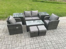 Fimous Outdoor Lounge Sofa Set Wicker PE Rattan Garden Furniture Set with Reclining Chair Coffee Table 2 Side Tables in Dark Grey - thumbnail 2