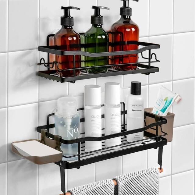 NESTLUNE 2 PCS Set Self Adhesive Bathroom Shower Shelf in Black - image 1