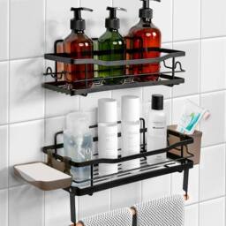NESTLUNE 2 PCS Set Self Adhesive Bathroom Shower Shelf in Black - thumbnail 1