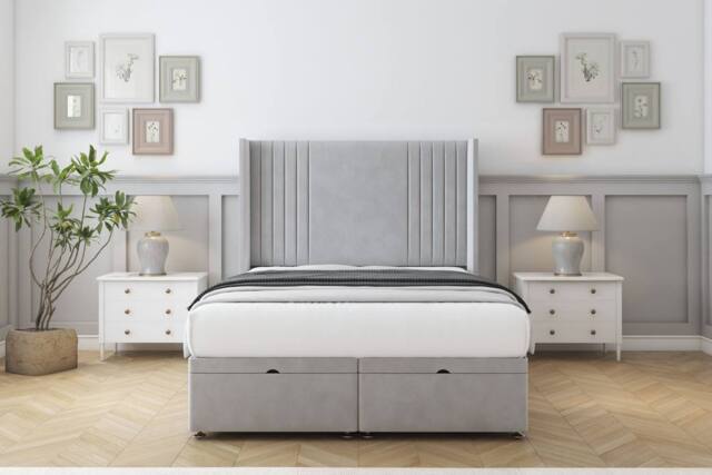 "Sloomy Camden Plush Ottoman Bed Base-54"" Wingback Headboard in Silver - Size: Single" - image 1