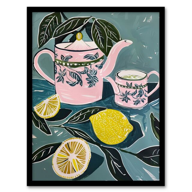 Artery8 Pink Teapot Teacup Lemons Painting Herbal Quirky Framed Art Print in Blue - Size: A4 - image 1