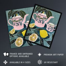 Artery8 Pink Teapot Teacup Lemons Painting Herbal Quirky Framed Art Print in Blue - Size: A4 - thumbnail 2