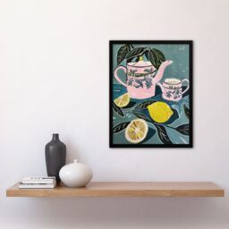 Artery8 Pink Teapot Teacup Lemons Painting Herbal Quirky Framed Art Print in Blue - Size: A4 - thumbnail 4