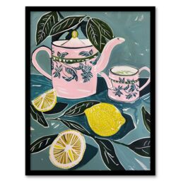 Artery8 Pink Teapot Teacup Lemons Painting Herbal Quirky Framed Art Print in Blue - Size: A4 - thumbnail 1