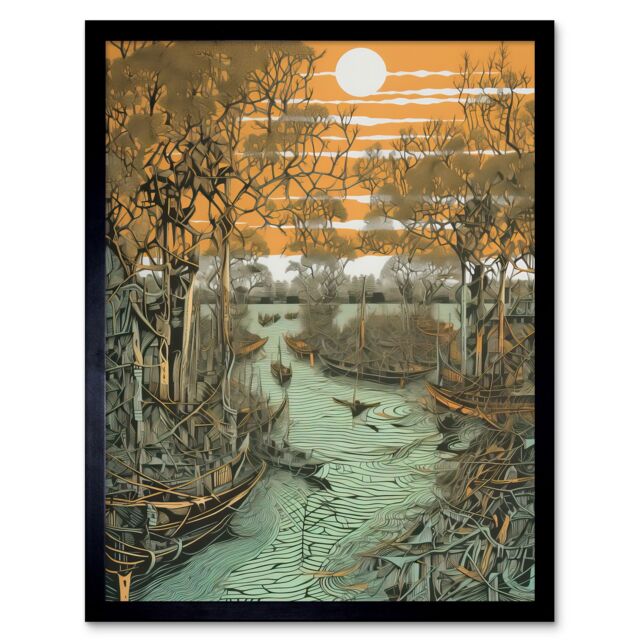 "Artery8 Wall Art Print Mangrove Forest Swamp Landscape Linocut Style Art Framed in Black - Size: W12"" x H16""" - image 1