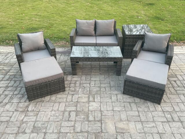 Fimous 7 PCS Outdoor Lounge Sofa Set Wicker PE Rattan Garden Furniture Set with Rectangular Coffee Table Armchair in Dark Grey