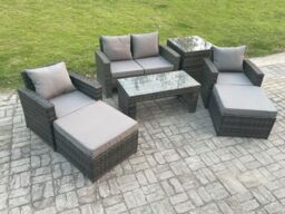 Fimous 7 PCS Outdoor Lounge Sofa Set Wicker PE Rattan Garden Furniture Set with Rectangular Coffee Table Armchair in Dark Grey - thumbnail 2