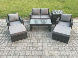 Fimous 7 PCS Outdoor Lounge Sofa Set Wicker PE Rattan Garden Furniture Set with Rectangular Coffee Table Armchair in Dark Grey - thumbnail 1