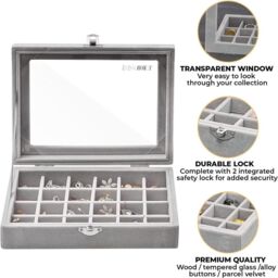 Gr8 Home Jewellery Box Case Organiser 24 Slot Earrings Rings Storage Display in Grey - thumbnail 5