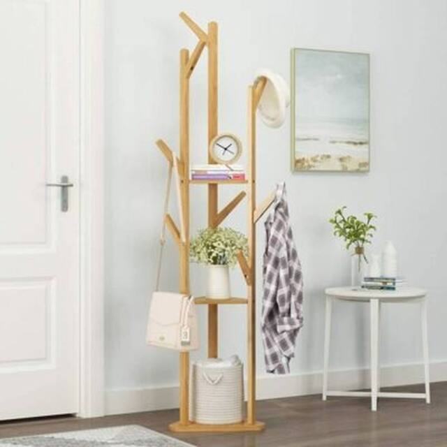 NESTLUNE 3 Tier Bamboo Standing Hat Coat Rack Bag Hanger Tree in Brown - image 1