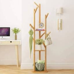 NESTLUNE 3 Tier Bamboo Standing Hat Coat Rack Bag Hanger Tree in Brown - thumbnail 3
