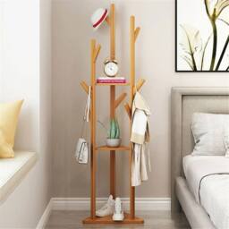 NESTLUNE 3 Tier Bamboo Standing Hat Coat Rack Bag Hanger Tree in Brown - thumbnail 4