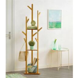 NESTLUNE 3 Tier Bamboo Standing Hat Coat Rack Bag Hanger Tree in Brown - thumbnail 7
