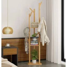 NESTLUNE 3 Tier Bamboo Standing Hat Coat Rack Bag Hanger Tree in Brown - thumbnail 6