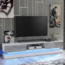 Mex Furniture LTD TV Unit with LED Lighting & Gloss Doors / 180cm in Light Grey