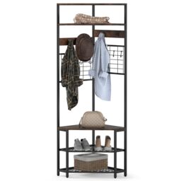 Costway Corner Hall Tree Hallway 5-Tier Coat Rack w/Shoe Storage Bench-Coffee in Brown