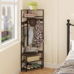 Costway Corner Hall Tree Hallway 5-Tier Coat Rack w/Shoe Storage Bench-Coffee in Brown - thumbnail 3