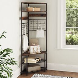 Costway Corner Hall Tree Hallway 5-Tier Coat Rack w/Shoe Storage Bench-Coffee in Brown - thumbnail 5