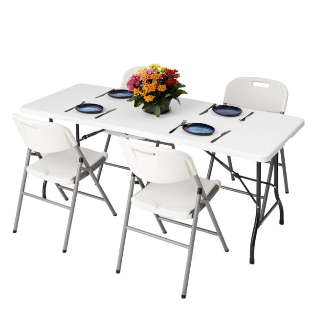Novecrafto 6ft Folding Table & 4 Folding Chairs Set - Heavy-Duty HDPE, Steel Frames Camping Table & Chairs for Indoor/Outdoor Use in White - image 1